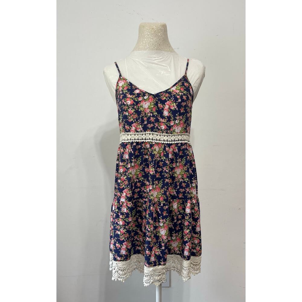 Forever 21 navy blue floral sundress with pink rose print sz S cottagecore boho‎